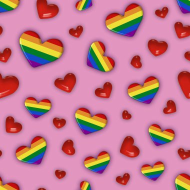 Pembe arka planda gökkuşağı kalplerinin kusursuz kare arkaplanı. LGBT insanlarının sembolü, cinsiyet özgürlüğü, eşitlik, aşk. Arkaplan kavramı