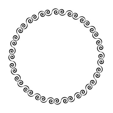 Kıvrımlardan ve spirallerden oluşan beyaz bir arka planda yuvarlak desenli bir çerçeve. İzole geometrik desen. Siyah ve beyaz, tek renkli.