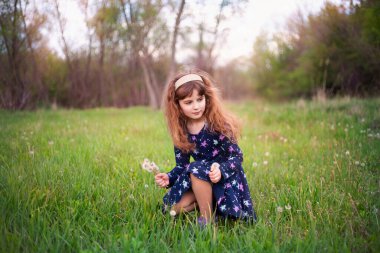 Küçük kız güneşli bir bahar gününde çimenlerin ve çiçeklerin arkasında dinleniyor.