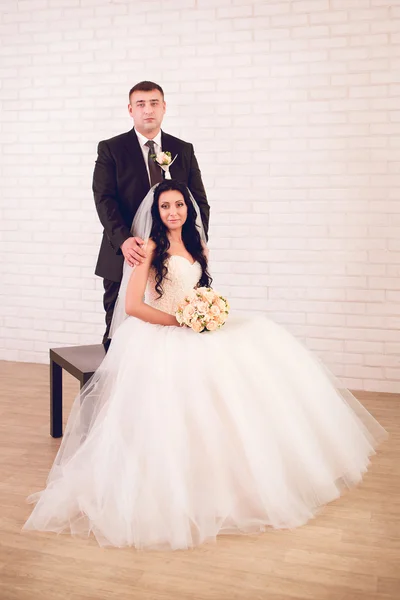 Bride and groom posing in the studio — Stock Photo, Image