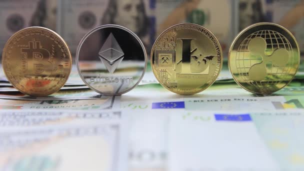 Bitcoin, litecoin, ripple, ethereum, dollar, euro, close-up — Stok Video