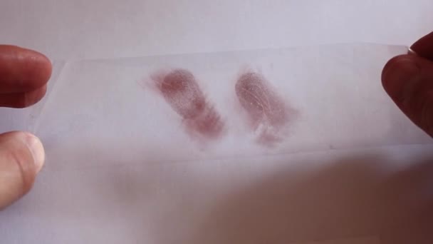 Pola sidik jari pada selotip. Sidik jari, sidik jari menempel di kertas putih. — Stok Video