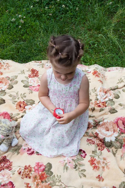 Çok Güzel Bir Kız Parktaki Çimenlerde Oturmuş Neşeyle Oynuyor Elinde — Stok fotoğraf