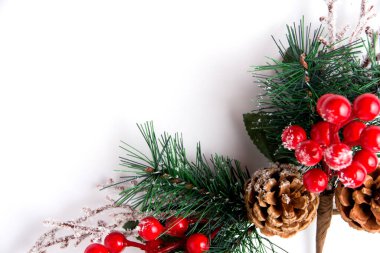 Beyaz arkaplan üzerinde çam kozalağı bulunan Noel dekoru çam dalı kopyalama alanı.