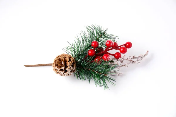 Beyaz arkaplan üzerinde çam kozalağı bulunan Noel dekoru çam dalı kopyalama alanı.