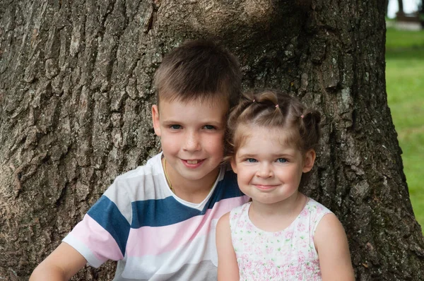 Two Children Sitting Tree Beautiful Boy Brother Hugs Little Sister — Stock Photo, Image