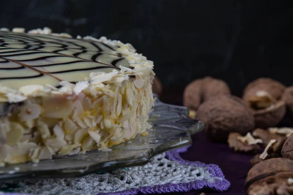 Magnifique Gâteau Esterhazy Sur Fond Sombre Vue Latérale Espace Copie — Photo