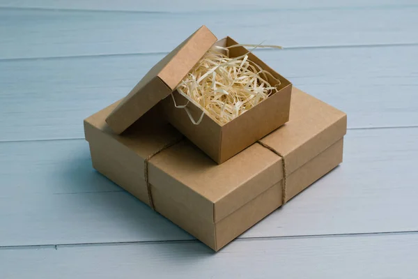 Two Craft Boxes Light Wooden Table Holiday Gift Idea Concept — ストック写真
