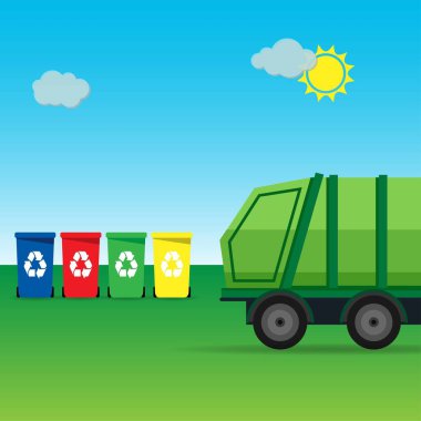 Kırsal alanda çöp kamyonu ve çöp konteynırları.