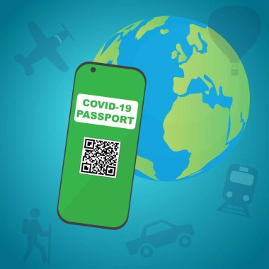 Dünya yakınındaki Covid 19 pasaportlu akıllı telefon, güvenlik seyahati kavramı
