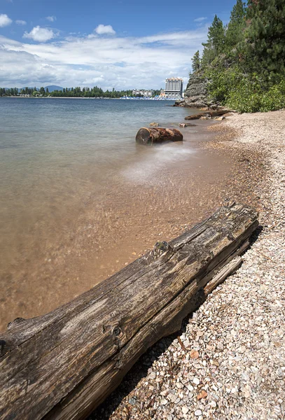 Long exposure of log by lake. — Stock Photo, Image