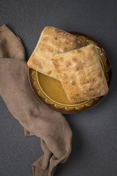 Una Vista General Foto Estudio Los Rollos Pan Ciabatta Apilados — Foto de Stock