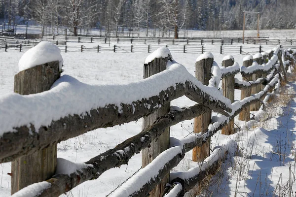 An old wooden fence is covered in snow in north Idaho.