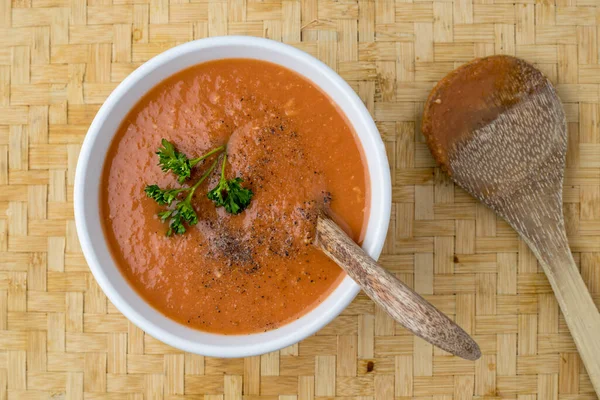 Sebuah Foto Gambaran Studio Dari Semangkuk Sup Tomat Dengan Setangkai — Stok Foto