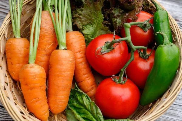 Overview Basket Carrots Tomatoes Peppers Basil — Stock Photo, Image