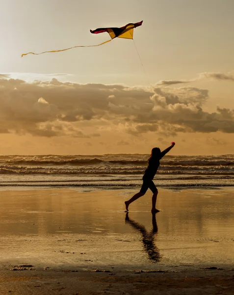 Plezier met een vlieger bij zonsondergang. — Stockfoto