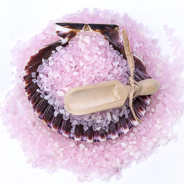 Bath salts and scoop in seashell. Stock Picture