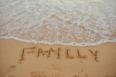 En üstteki manzara, aile tabelaları dalgalı ve güneşli bir kumsalın kumlarında.