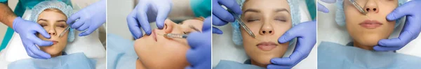 Serię Zdjęć Dłoni Kosmetologa Rękawiczkach Przedstawiających Kwas Hialuronowy Ustach Pacjenta — Zdjęcie stockowe
