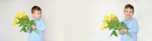 Портрет Маленького Мальчика Букетом Желтых Тюльпанов Улыбкой Пространство Копирования Текста — стоковое фото