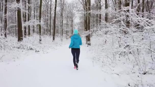 Jovem mulher correndo por um caminho nos bosques de inverno através da neve — Vídeo de Stock