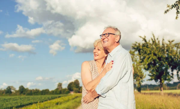 Pareja mayor en el paisaje de verano mirando hacia el futuro juntos — Foto de Stock