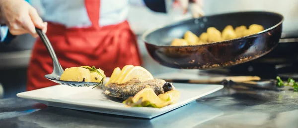 Lokantanın baş aşçısı yakında servis edilecek bir tabağa yemek koyuyor. — Stok fotoğraf