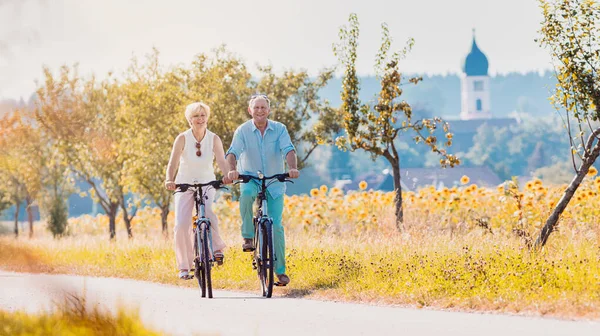 Coppia di anziani, donna e uomo, in sella alle loro biciclette — Foto Stock