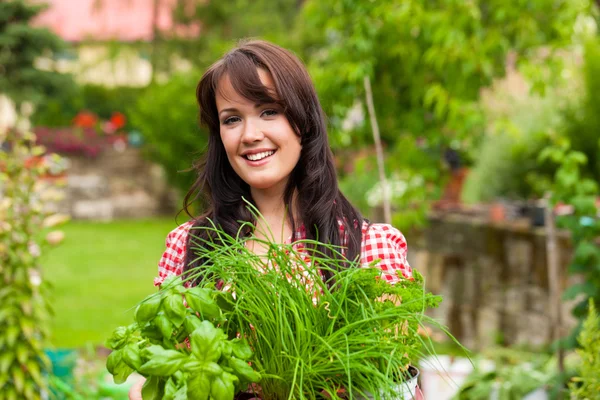 Šťastná žena s bylinkami — Stock fotografie