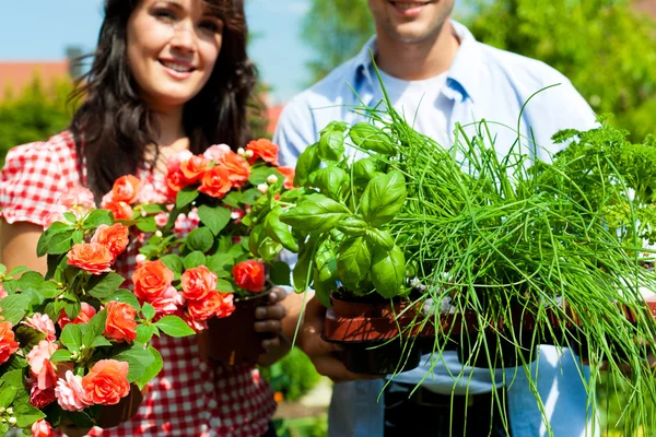 Couple with herbs and flowers — Stock Photo, Image