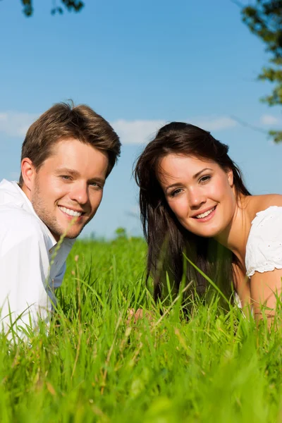 Mutlu çifte bir çayır üzerinde yalan Stok Resim