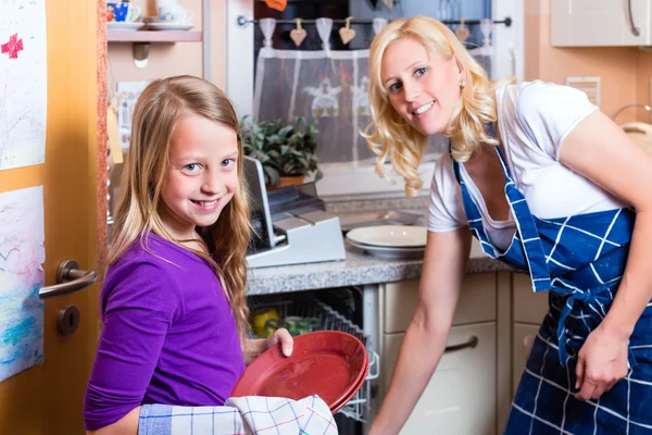 Huisvrouw en dochter afwassen met afwasmachine — Stockfoto