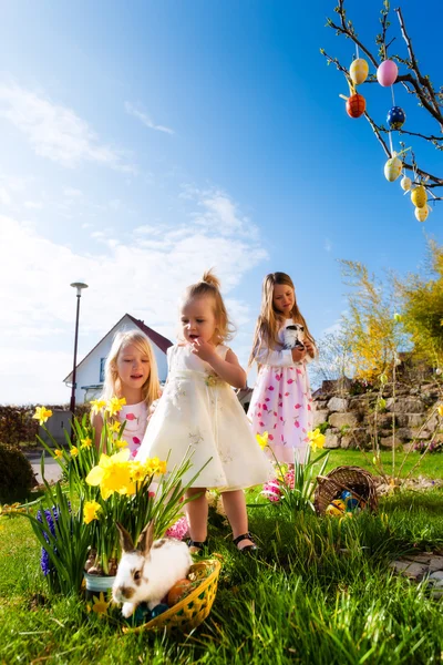Los niños en la búsqueda de huevos de Pascua con conejo — Foto de Stock