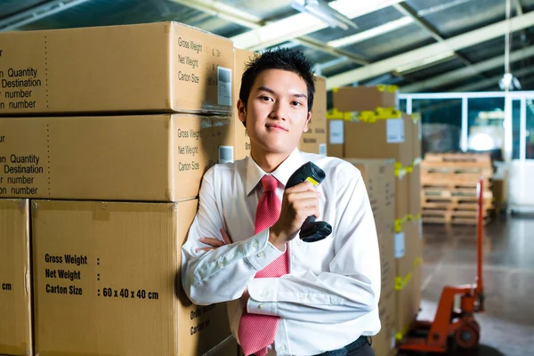 Young Man in a warehouse with Scanner — Stock Photo, Image