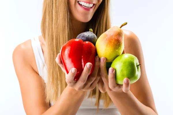 Kvinna med frukt och grönsaker — Stockfoto