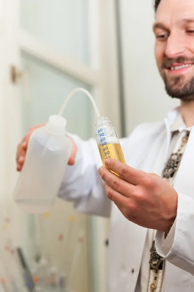 Cerveza Brewer en laboratorio de alimentos examinando — Foto de Stock