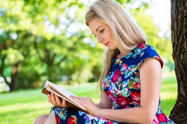 Жінка читає книгу на лузі — стокове фото