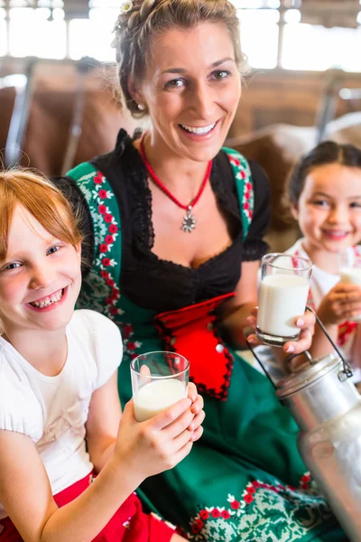 Rodzina picie mleka w stodole krowa — Zdjęcie stockowe
