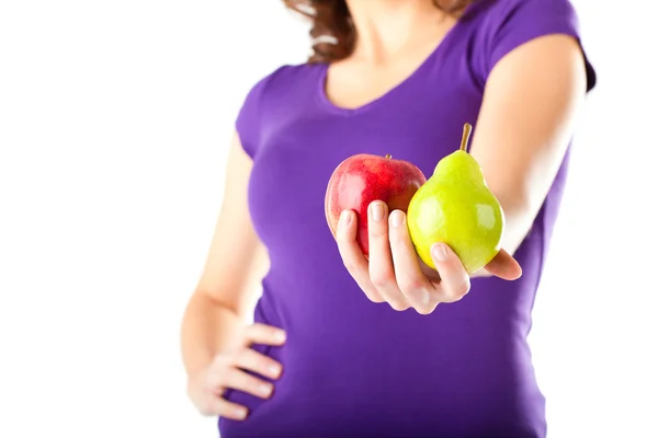 Здоровое питание - женщина с яблоком и грушей — стоковое фото