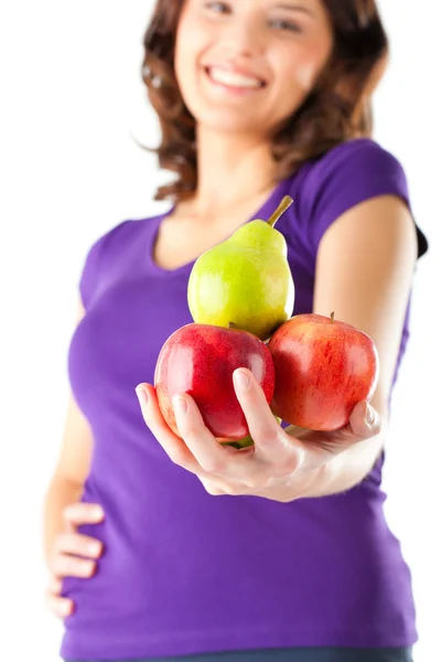 Alimentación saludable - mujer con manzanas y pera — Foto de Stock