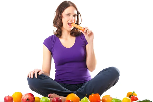 Gezonde voeding - jonge vrouw met vruchten — Stockfoto