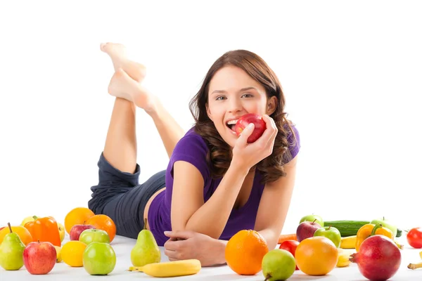 Gezonde voeding - jonge vrouw met vruchten — Stockfoto