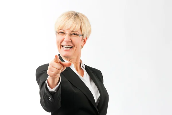 Mature woman point finger on the viewer — Stock Photo, Image