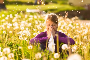 Girl sitting in meadow with dandelions and has hay fever or allergy clipart