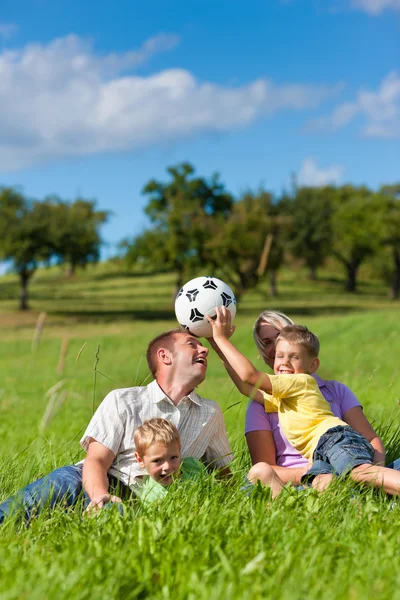 子供とサッカーでは牧草地と家族 — ストック写真