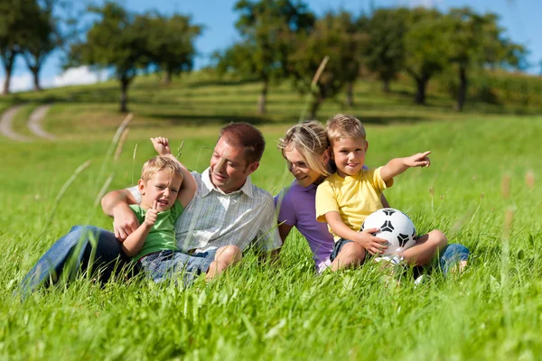 Gezin met kinderen en voetbal op een weide — Stockfoto