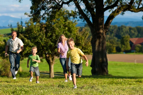 Family outdoors is running on a meadow — Stock Photo, Image