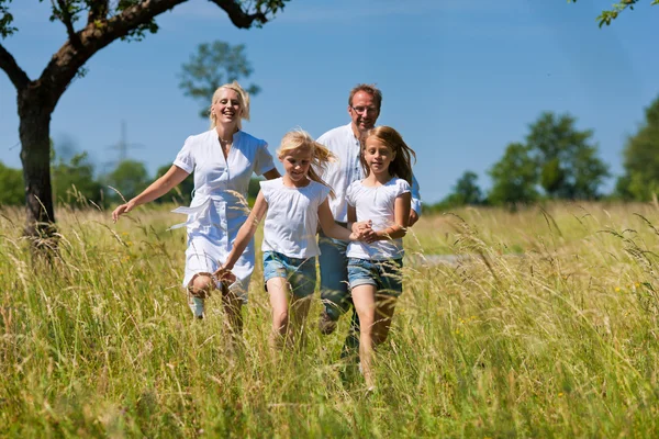 Familia feliz corriendo en el prado —  Fotos de Stock