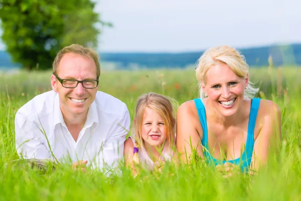 Familie liegt auf Rasen oder Feld — Stockfoto