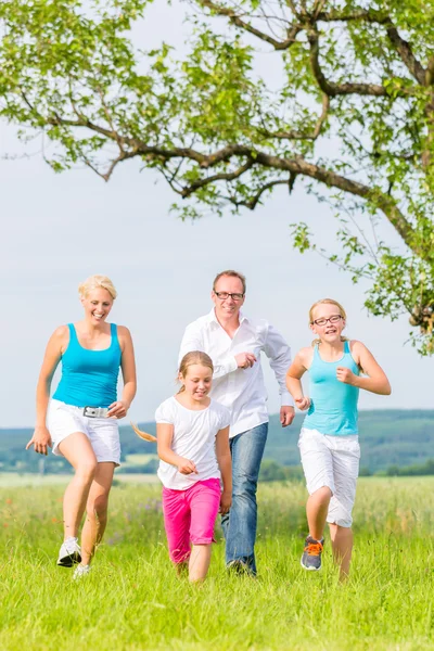 Família que corre sobre o campo ou gramado no verão — Fotografia de Stock